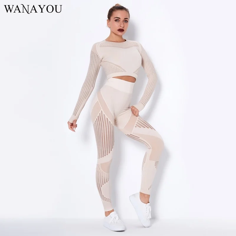 

Женский комплект для йоги WANAYOU, укороченный Топ с длинным рукавом и леггинсы с высокой талией, бесшовная дышащая одежда для спортзала, Быстр...