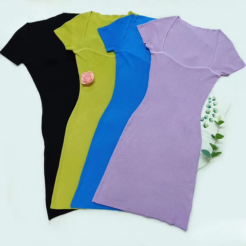 

ROPALIA Vestidos Women Sexy Sheath Dresses Square Neck Bodycon Dress Short Sleeve Slim Knitted Dress