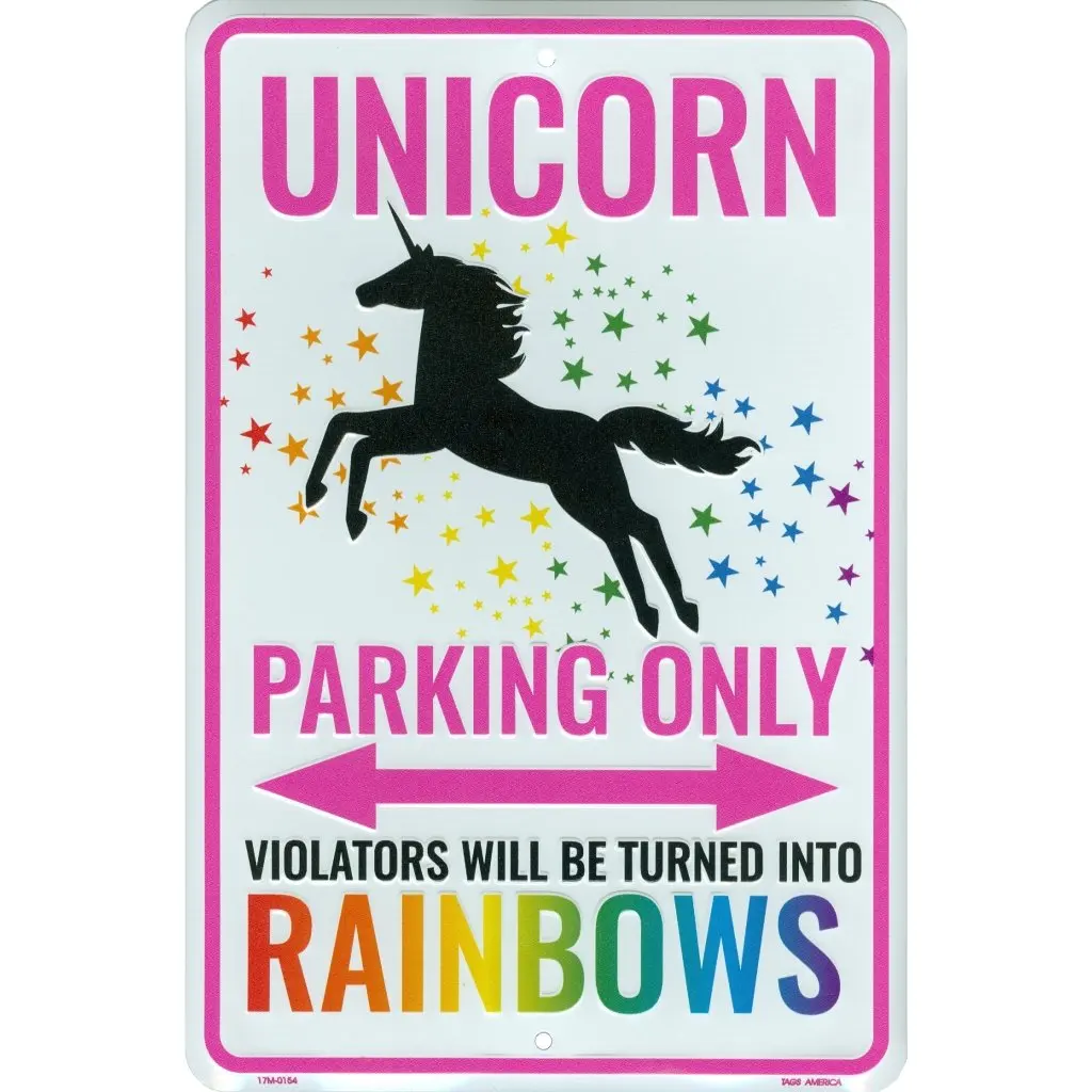 

Unicorn Parking Only Sign, Violators Will Be Turned Into Rainbows, 8 x 12 Inch Aluminum Novelty Signs for Kids Room, Funny Metal