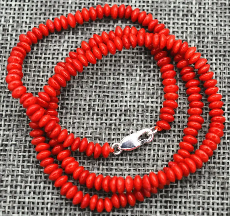 

New 2x4mm Natural red coral Abacus Gems Necklace 18“ Silver clasp