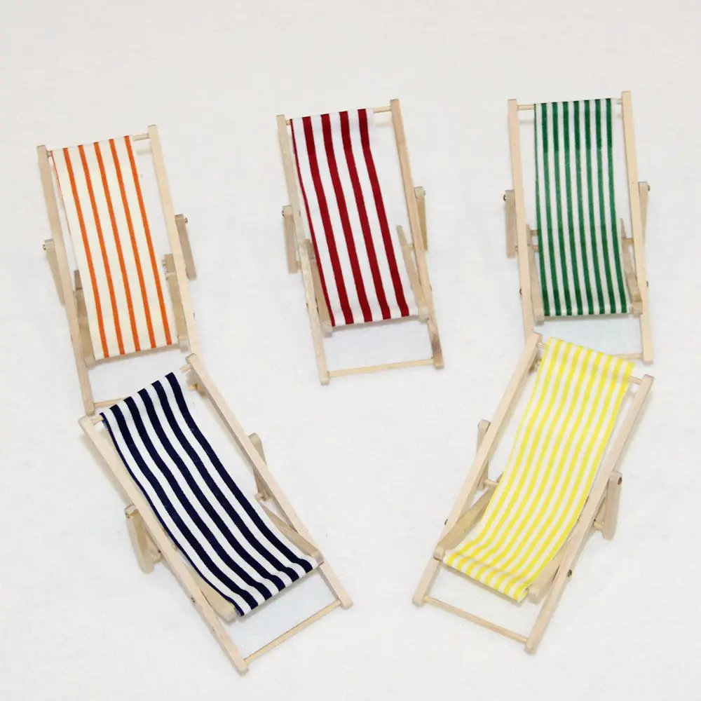 

Dollhouse Miniature Chairs Mini Beach Lounge Chair Garden Decoration Furniture Folding Stripe Deck Chair Diy Home Decor 1:12