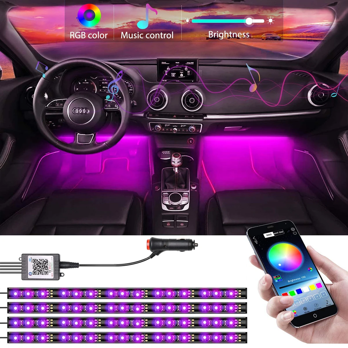 

Автомобильная светодиодная лента, управление через приложение, RGB неосветильник вая полоса с сигаретной подсветкой, музыкальный датчик, сд...