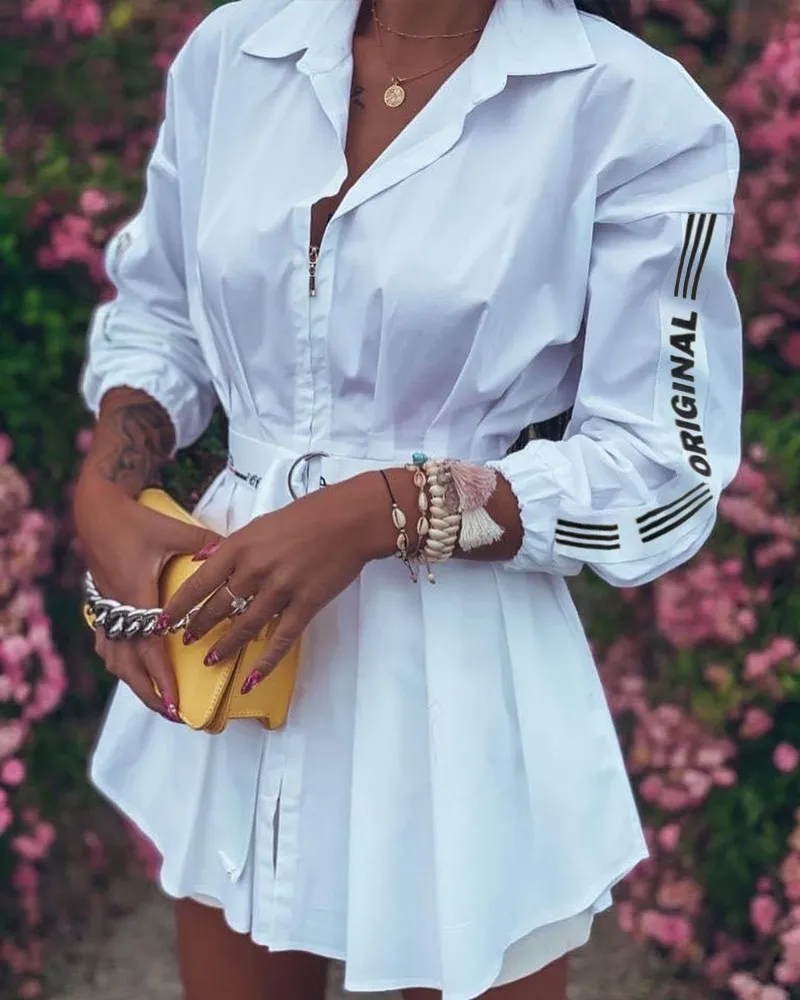 

Donsignet Fashion Women's Blouse New Summer Casual Lapel Zipper Solid Color Letter Printing Bandage Waist Fold Blouse Long