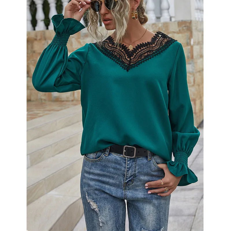 

Leosoxs 2020 Spring Autumn Fashion Sexy V Neck Lace Hollow Out Women's T Shirt Casual Loose Solid Flared Sleeves Ladies T Shirts