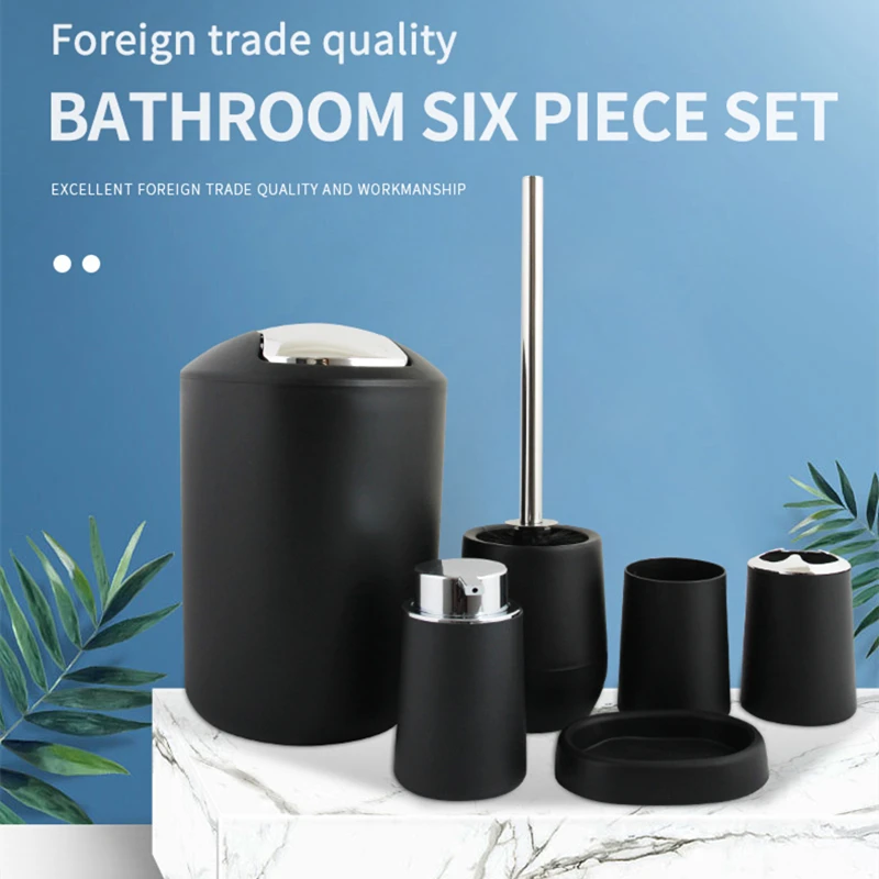 

Bathroom Accessories Set 6 Piece Soap Lotion Dispenser Toothbrush Holder Soap Toilet Brush Trash Can Bathroom Essential Room Set