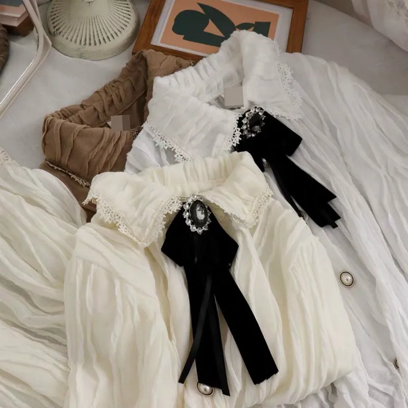 

2021 Hit Color Doll Collar Bow Shirts Women Spring Autumn Korean Loose Bottoming Shirt Student Chic Qualities Blusa Tops Y358