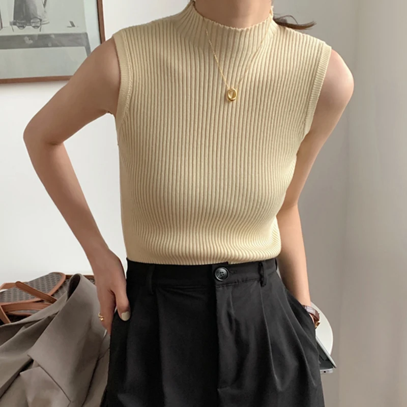 

Half High Collar Sexy Tank Tops Women Sleeveless Knitted Vest Female Elasticity Solid Slim Pullover 2022 Summer Solid Bottoming