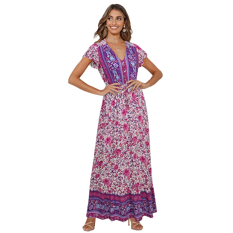 

2020 Spring and Summer Europe Beach Bohemia Resort High-Waisted Lace Long Sleeved Floral Printed Dress Women