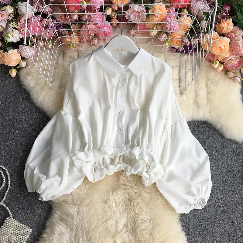 

Fitaylor Spring Autumn Women High Street Polo Neck Buttons Puff Sleeve Short Shirts Lady Single Breasted Loose High Waist Blouse