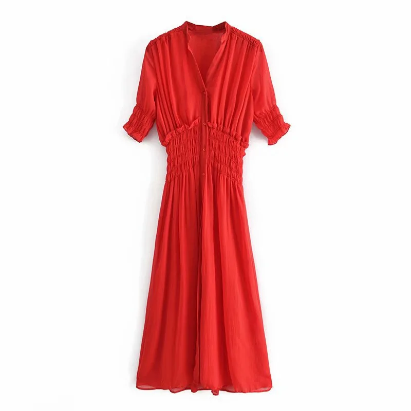 

DOUJILI 2021 Summer Women Red Dress Collect Waist with V-neck Short Sleeves Casual Long Dress High Quality