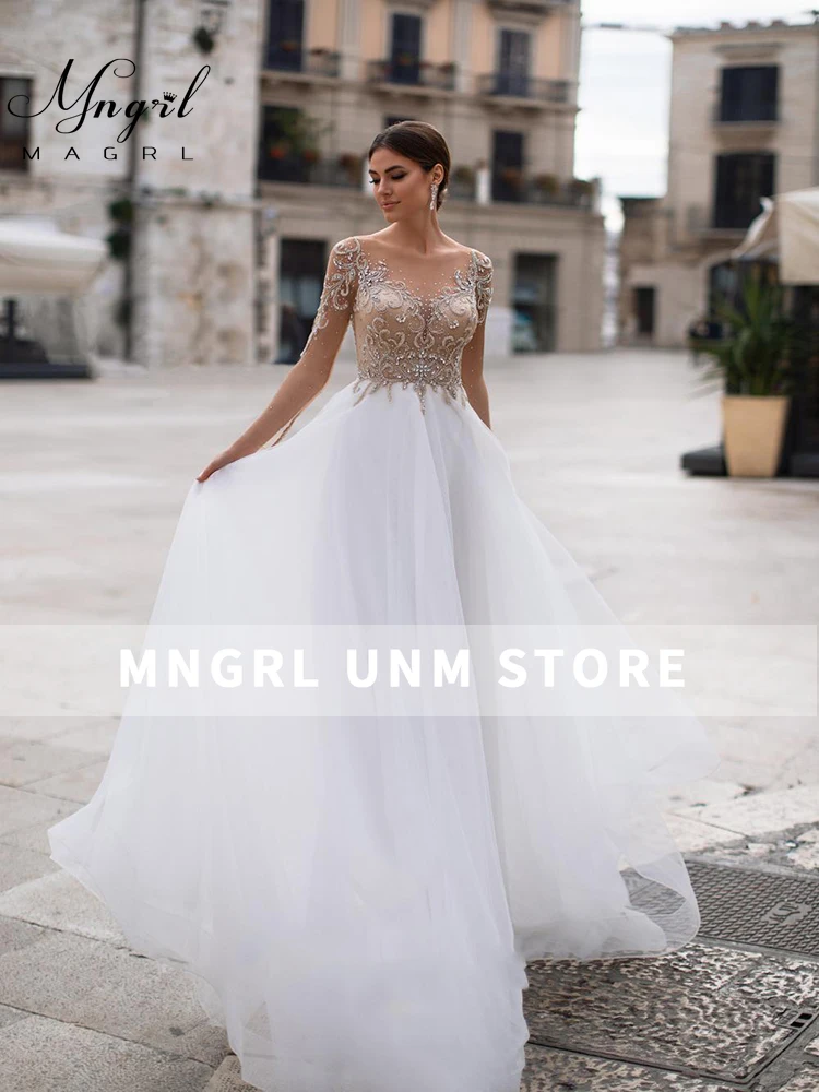 

MNGRL Simple V-neck Long Sleeve Wedding Dress Hand Drill White Lace Fluffy Skirt Bridal Dresses Backless Wedding Gown