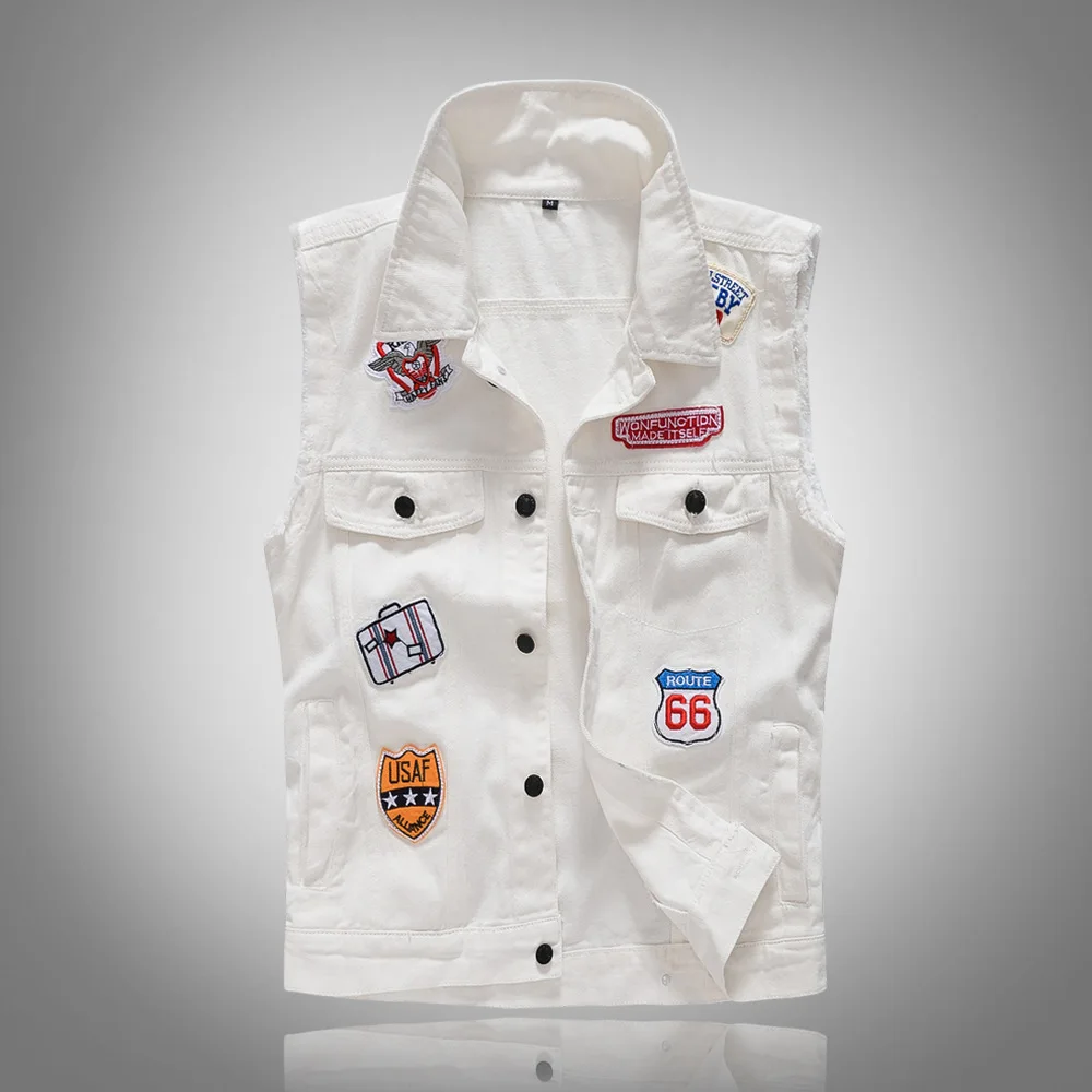 

Autumn New Men's Embroidery Vintage Denim Vest Male White Ripped Sleeveless Jackets Hip Hop Streetwear Hole Waistcoats Clothing