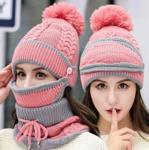 

Knitted Winter Set Pompom Beanie Hat Neck Warmer Set of 3 (Mask,Hat,Scarf)