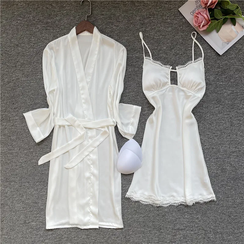 

Sleepwear Female Summer Sexy Deep V-neck Suspender Nightdress Lace Bra Nightgown Casual Loose Sleep Set Soft Satin Wedding Robe