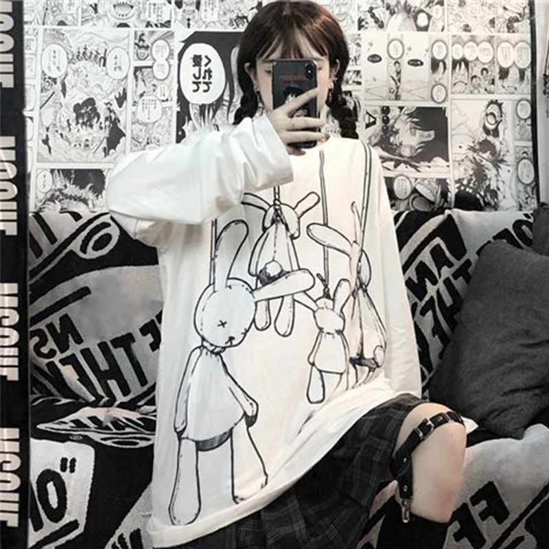 

Black Long Sleeve Loose Punk Tshirt Streetwear Oversized Funny Harajuku Japan Japan Devil Tops Casual Gothic Tshirt Female