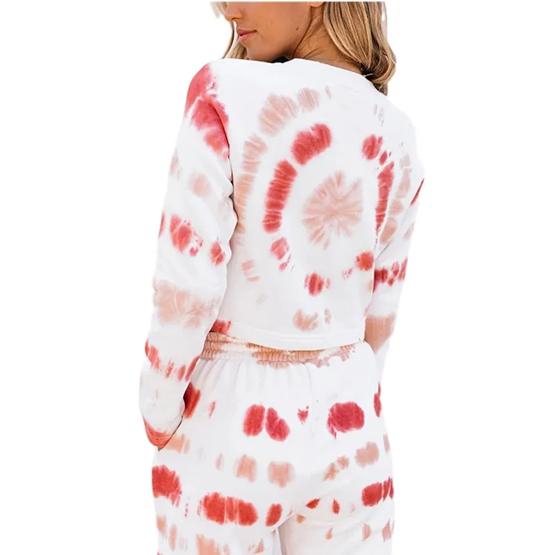 

Autumn Winter Women's Tie Dye Suit Crew Neck Navel Top Long Sleeve Printed Blouse and Lace Up Elastic Waist Pants 2020 New