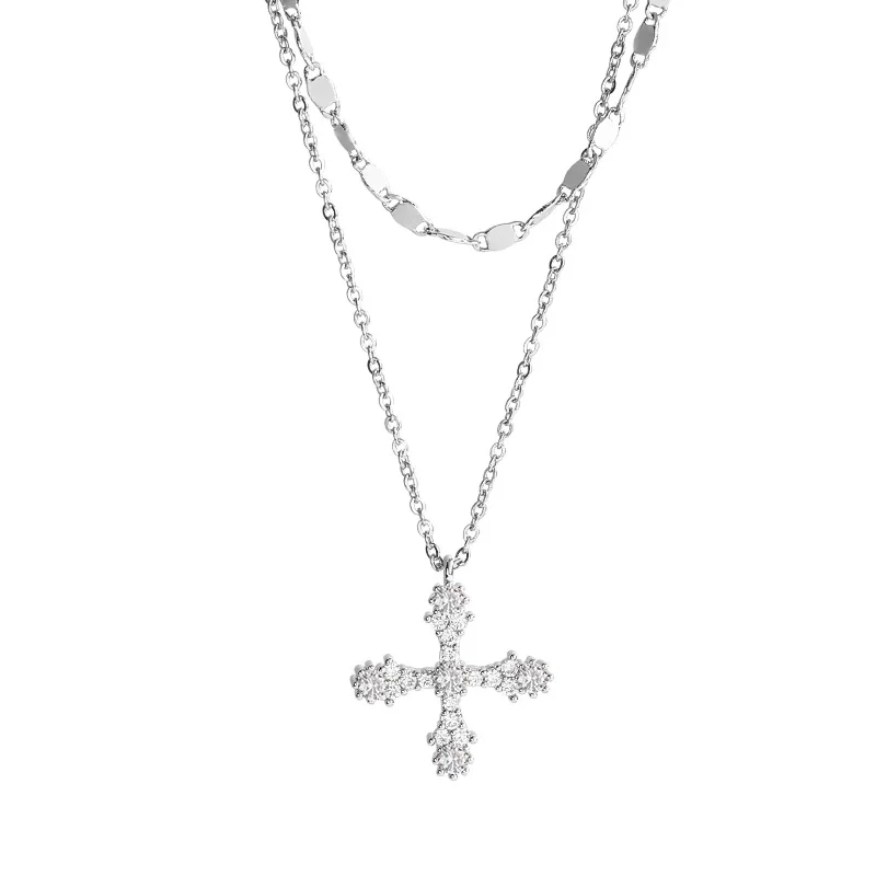 

Titanium Steel Zircon Double Layer Cross Necklace