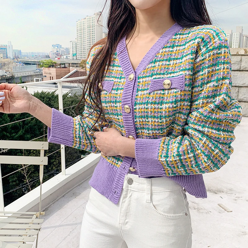 Женский однобортный джемпер в клетку Красный винтажный кардиган свободного