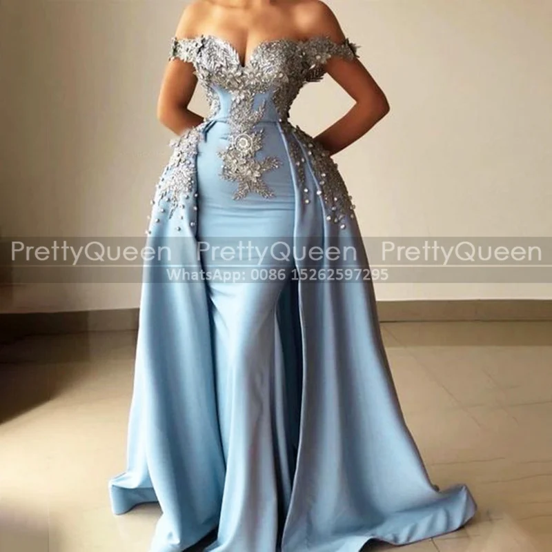 

Великолепные платья с цветочной аппликацией для выпускного а-силуэта с открытыми плечами светильник-голубое атласное длинное вечернее пла...