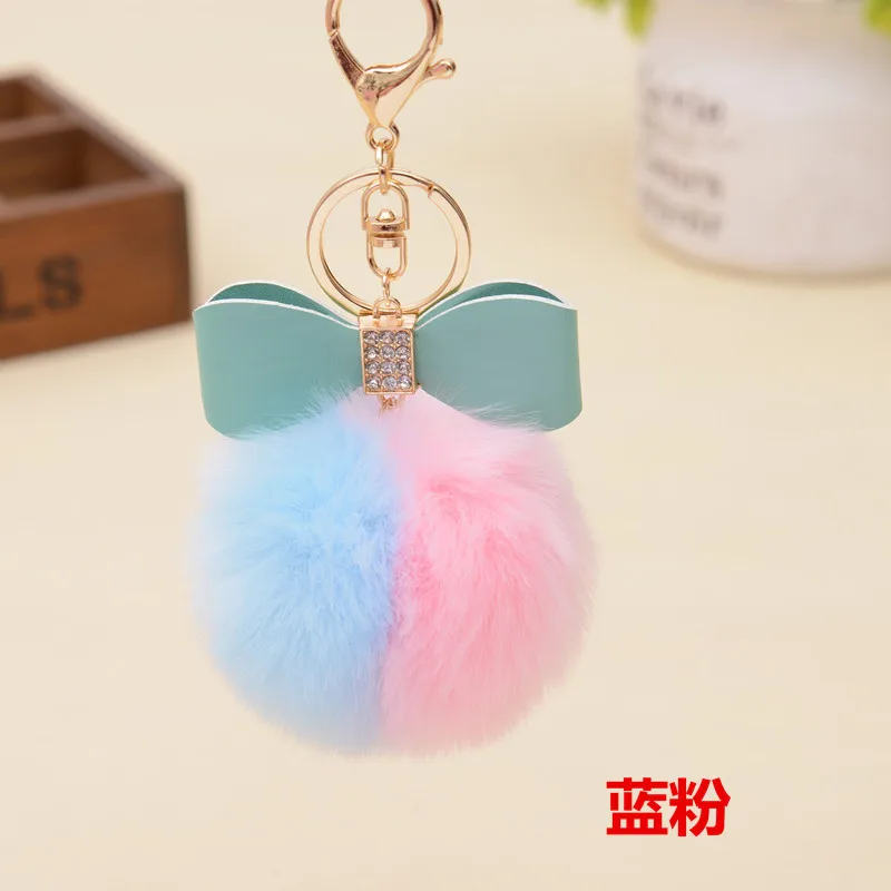 

High Quality Pu Bows 7cm Cute Rabbit Hair Ball Key Buckle Two-Color Jewelry Pendant Female Bag Pendant