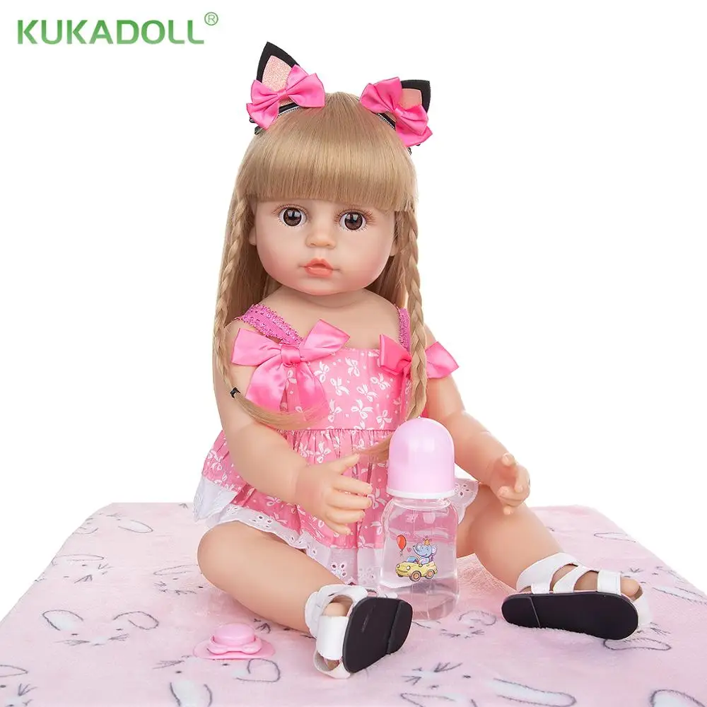 

KUKADOLL 22Inch Reborn Babies Doll Full Silicone Body Beautiful Doll Braid Pink Dress For Baby Girl Christmas Gift Birthday