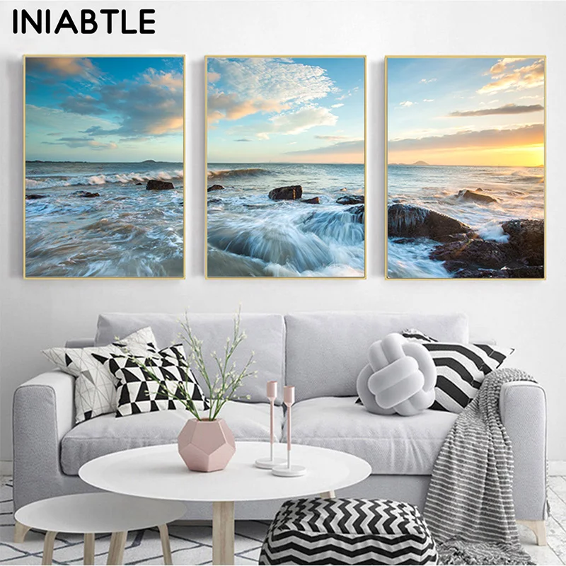

Blue Sunrise Sunset Sea Waves Landscape Wall Art Beautiful Poster Canvas Painting Nordic Modern Picture Living Room Home Decor
