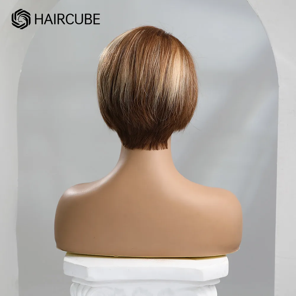 Парик HAIRCUBE с боковым пробором, 13x1 атласной передней частью, короткая стрижка пикси, карамельно-коричневый блонд с подсветкой, натуральные волосы реми с термостойкостью для женщин.