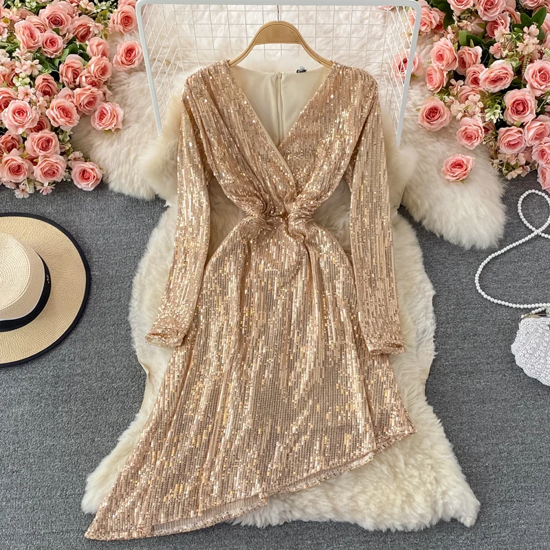 

Женское асимметричное вечернее платье с блестками, черное/хаки платье с V-образным вырезом и длинным рукавом, роскошное элегантное осеннее ...