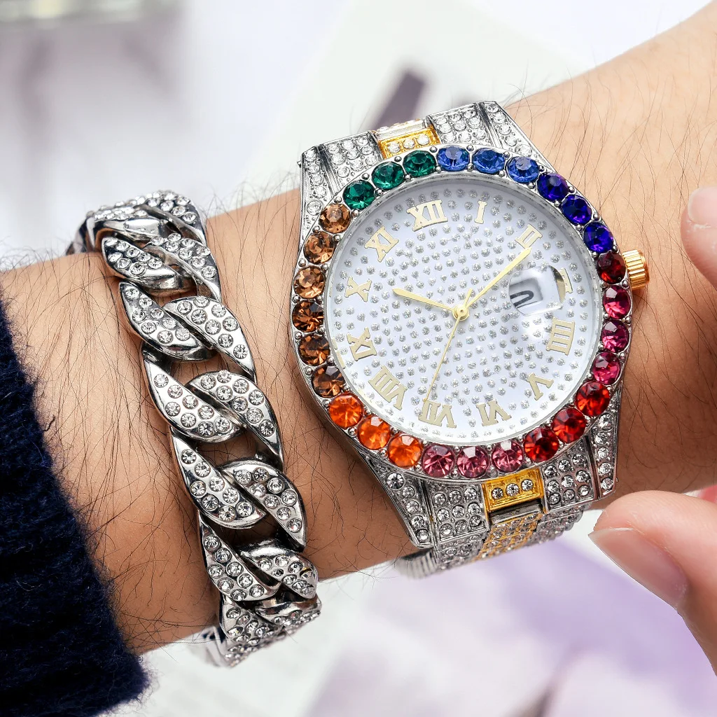 

2pcs/set Watch Bracelet for Women Cuban Chain Bracelet Iced Out Watch for Women Luxury Colourful Jewelry Set Relojes Para Mujer
