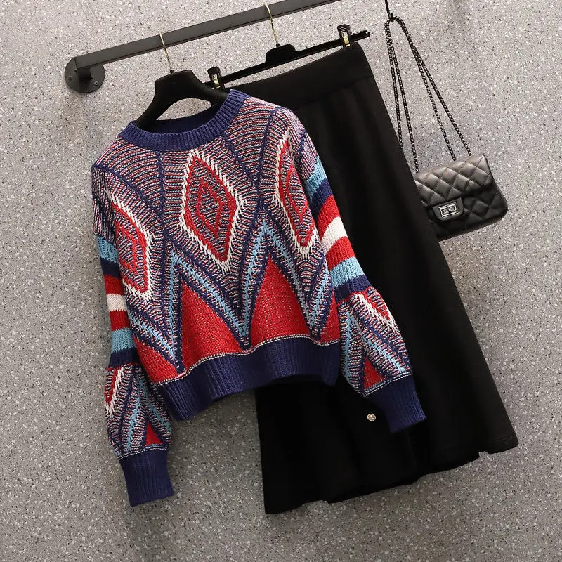 

Plus Size Winter Women's Clothing Sets 2021 Two Pcs Set Female Casual Plaid Sweater +Solid Color A line Skirt Feme Suits