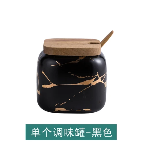Marble Pattern Ceramic Kitchen Seasoning Tank Set Wooden Cover Sugar Salt Storage Tank Salt Shaker Spice Jar Kitchen Accessories - Цвет: black--single