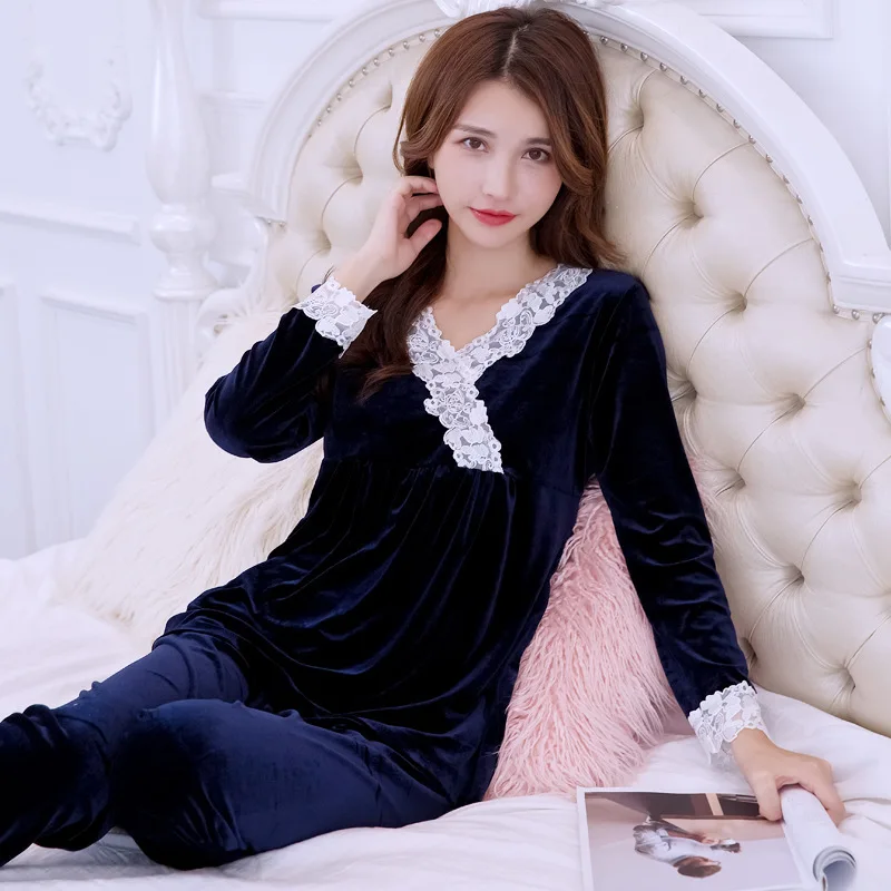 

Womens Long Sleeves Edition Gold Velour Sexy Pajamas for Women Pajamas Set V Collar Lace Home Suit Can Be Worn Outside Sleepwear