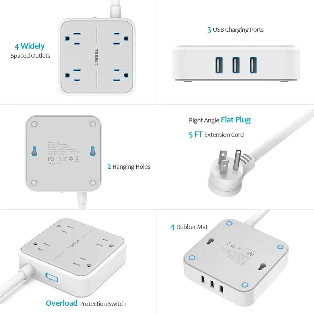 Удлинитель TESSAN с 3 USB портами и 4 розетками удлинитель длиной 5 футов вилка
