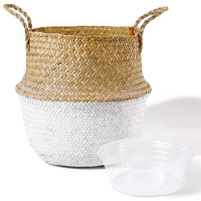 

Seaweed Hand-Woven Plant Basket with Handles, Can Be Used for Picnics, Plant Basket (Large Size, Natural Color + White)