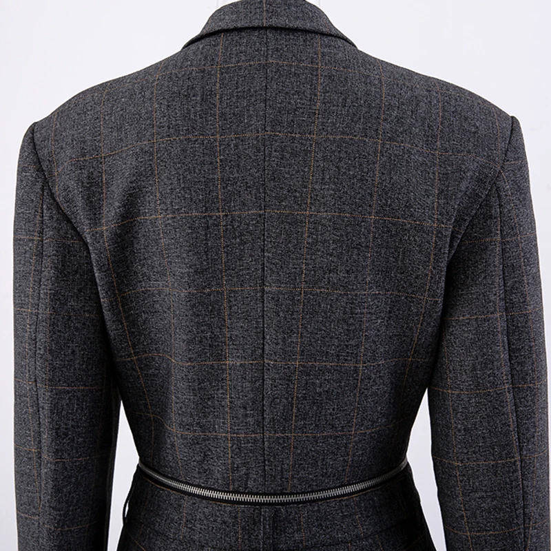 

Plaid Women Gray Zipper Hollow Out Dress New Notched Collar Long Sleeve Loose Fashion Tide Spring Autumn 2021 1DD2820