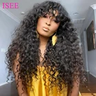 Монгольские парики с волнистыми волосами и челкой для чернокожих женщин, полноразмерные человеческие волосы с волнистыми волосами, безклеевые парики с челкой, магазины Isee