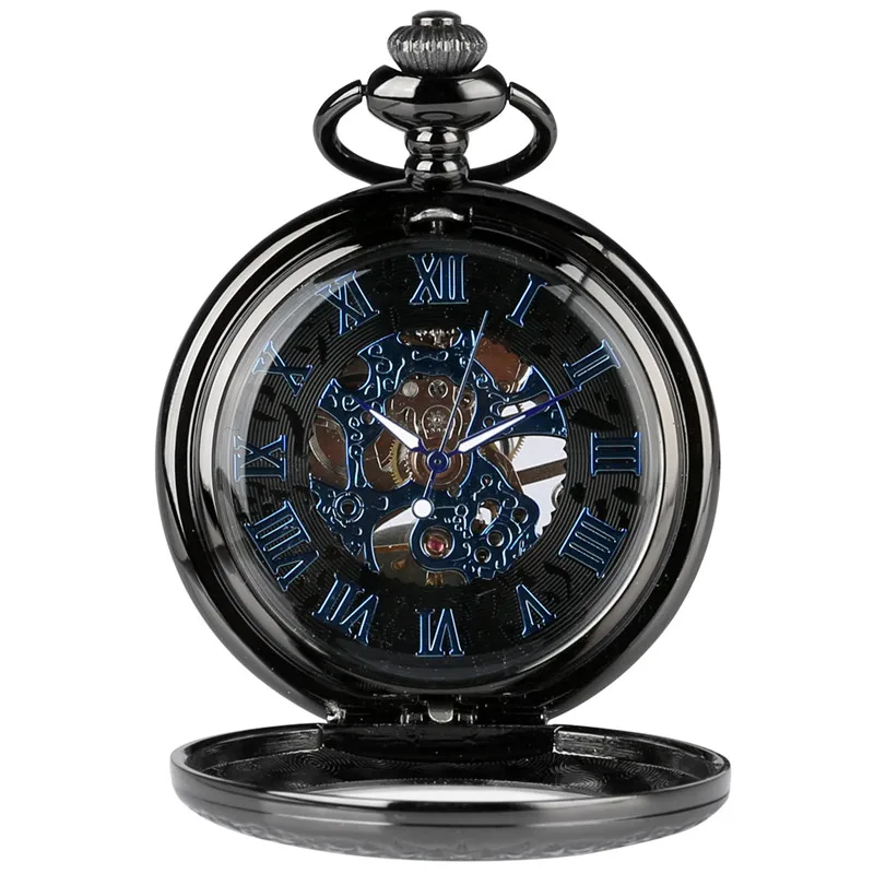 Antique Pendant Watches Roman Numbers Transparent Men Women Mechanical Hand Wind Pocket Watch Fob Pendant Chain Luminous Hands