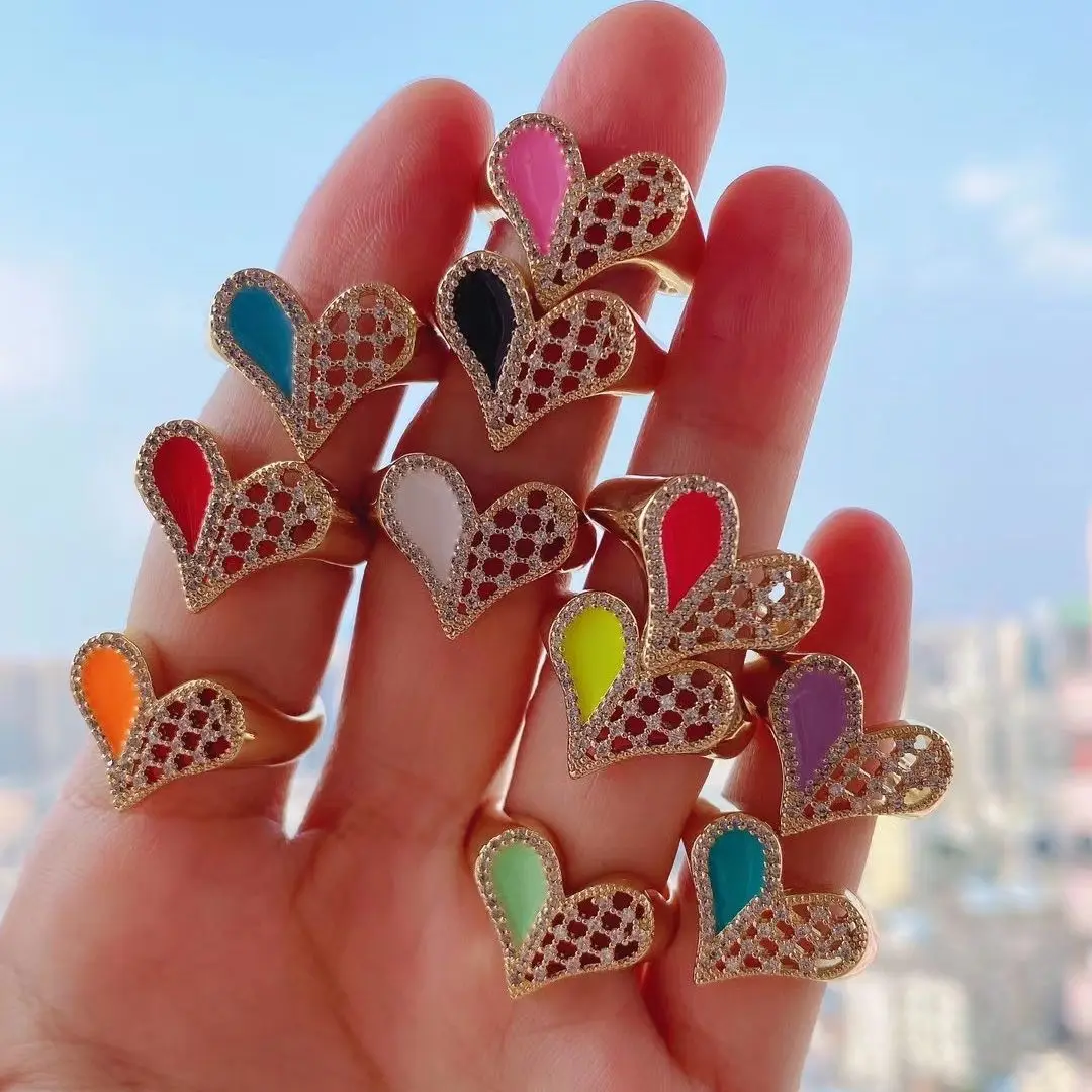 

10 шт. 2022 новые модные красочные эмалевые кольца для женщин микро паве CZ Сердце Изысканная Золотая открытая Регулируемая эффектная Очароват...