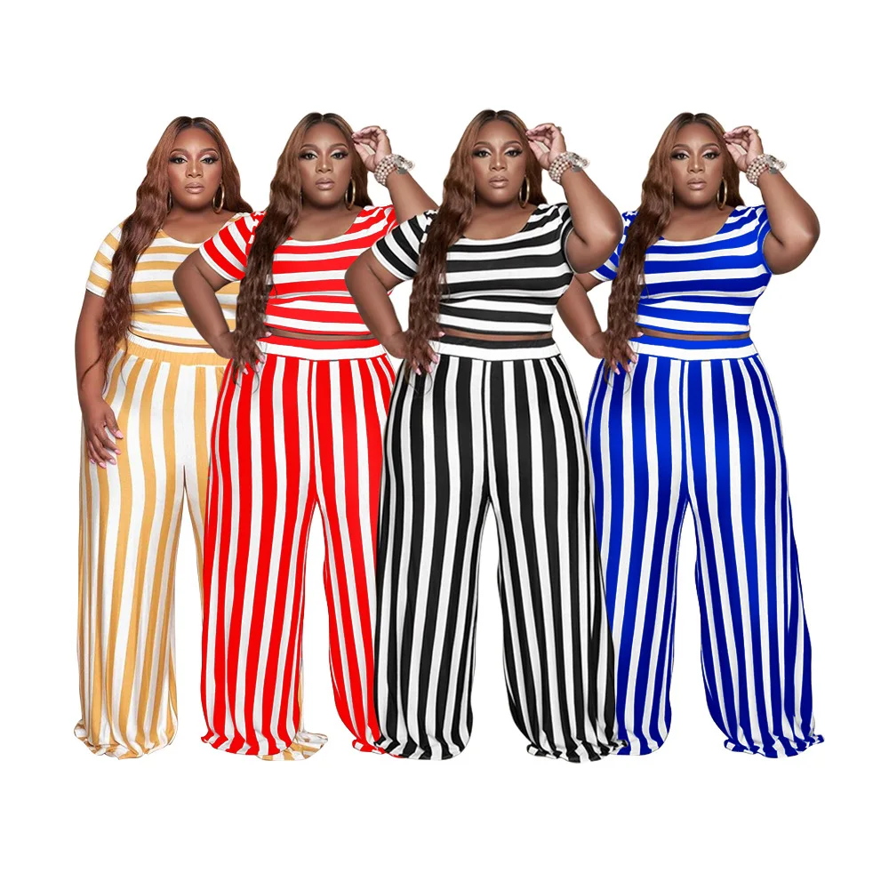 

Women's Summer Clothing Fashion Round Collar Tops Wide Leg Pants Striped Plus Size 2 Pieces Suit 4xl 5xl Wholesale Dropshipping