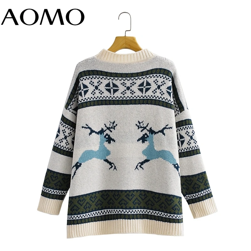 

AOMO Women 2021 Fashion Deer Pattern Oversized Cardigan Sweater Jumper V Neck Female Chic Tops 1F351A
