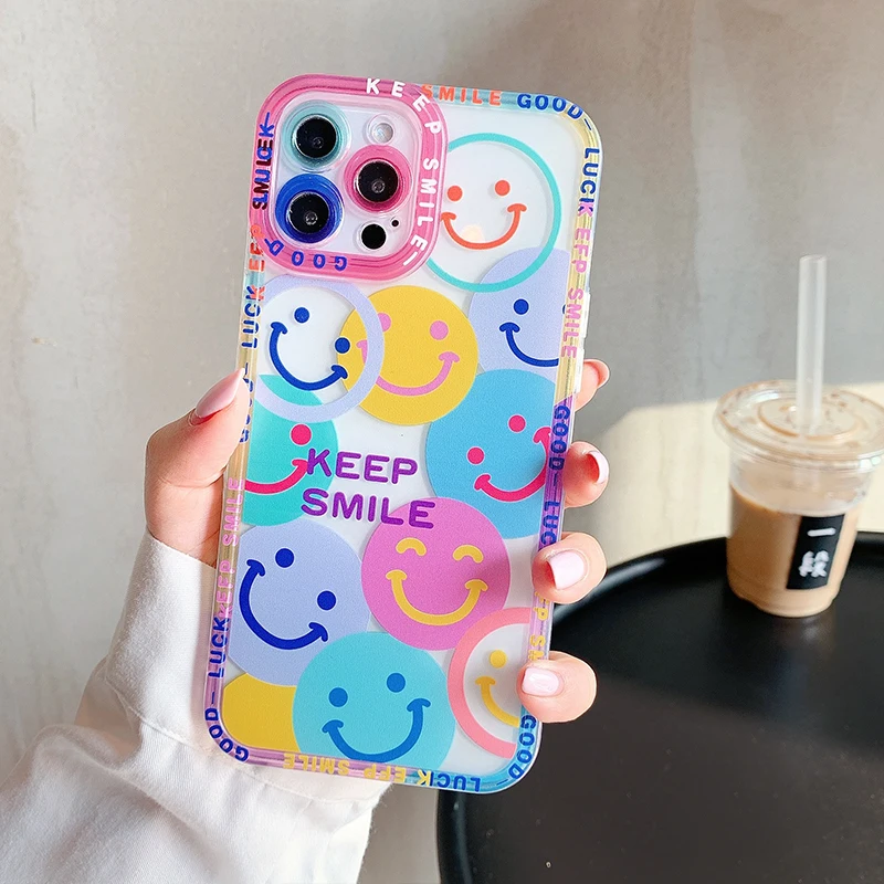 Cute Colorful Flowers Smile Clear Phone Case For iPhone 14 Pro Max 13 12 11 X XS XR 7 8 Plus Transparent Soft Shockproof Cover
