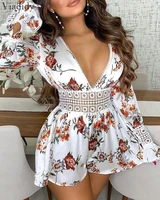 plunge floral print long sleeve playsuits women summer hollow out backless rompers