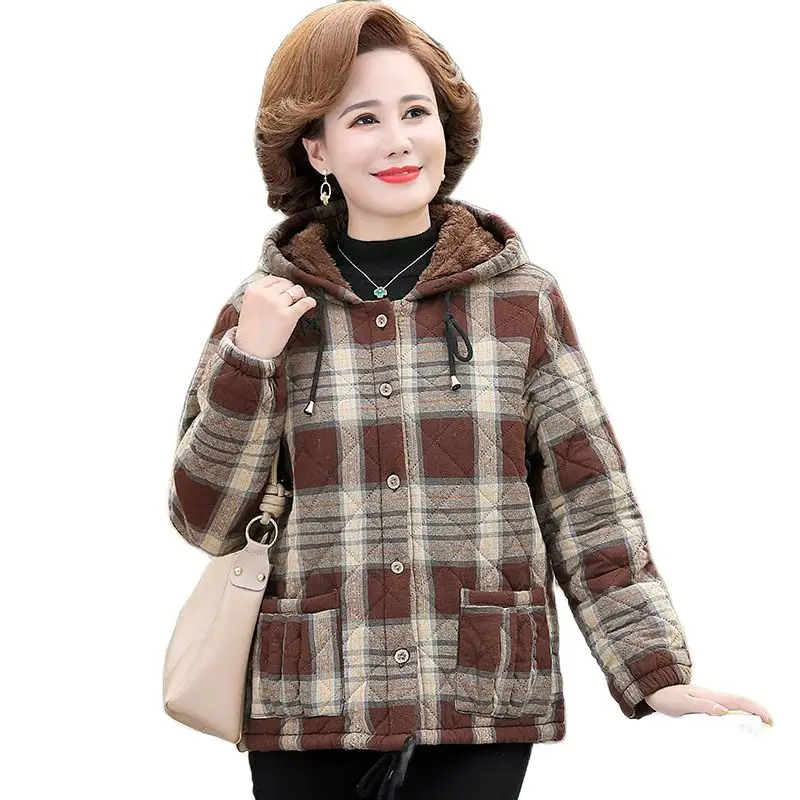 

Mom Autumn Winter Plus Velvet Plaid Jacket Middle-aged Elderly Women's Casual Hooded Jacket Short Warm Small Padded Jacket A758