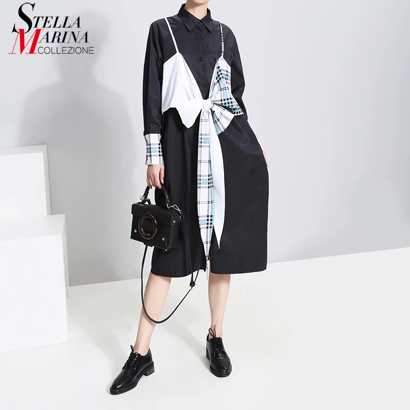 Новинка 2019 женские осенние уникальные черные рубашки платье с Длинная лента