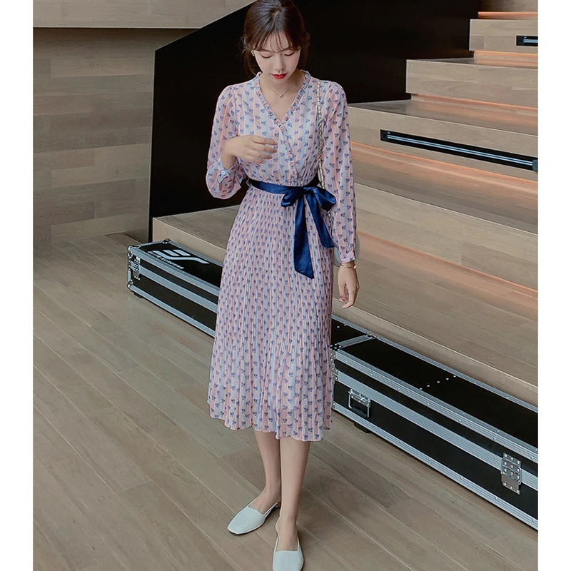 

Women Floral Striped Chiffon Pleated Dress Elegant Casual Party Dresses Fall Autumn Spring 2021 Runway Long Sleeve Korean Dress