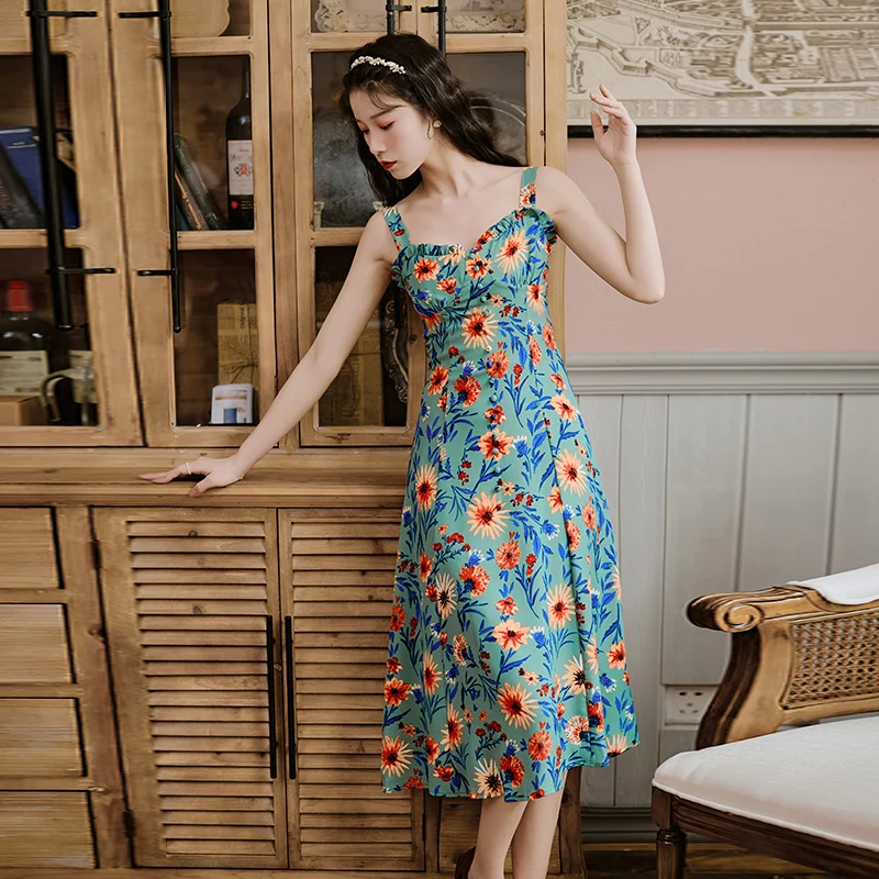 

French floral dress new summer waist slim temperament suspender beach skirt women's seaside holiday skirt