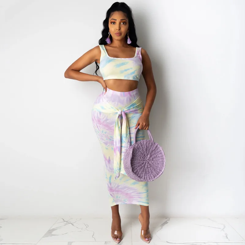 

Imcute 2pcs Set Summer Women Tie-Dye Print O-Neck Sleeveless Tank Vest Crop Tops Lace-up Bowknot Long Maxi Skirts Sexy Women Set