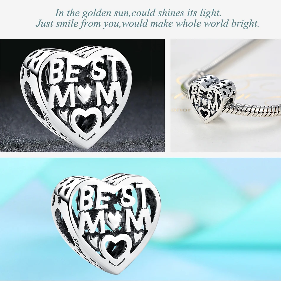 ELESHE Real 925 Sterling Silver Best MOM Heart Beads Charms Fit Original Bracelet Necklace DIY Jewelry Making Mother's Day Gift |