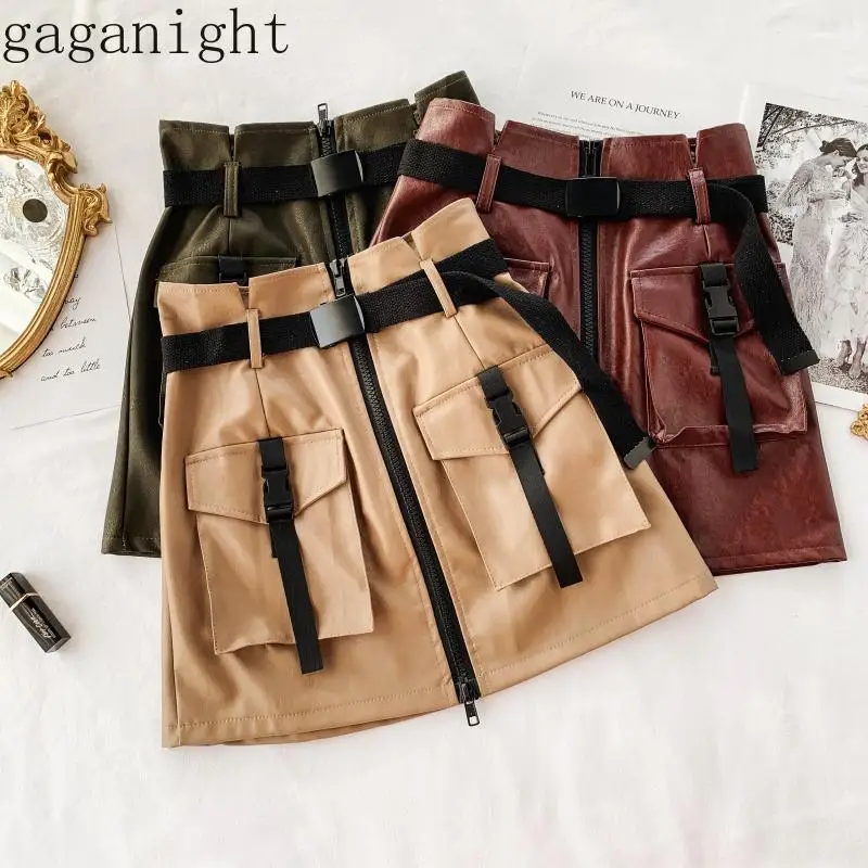Gaganight мини юбка из искусственной кожи военный комбинезон с карманами модные юбки