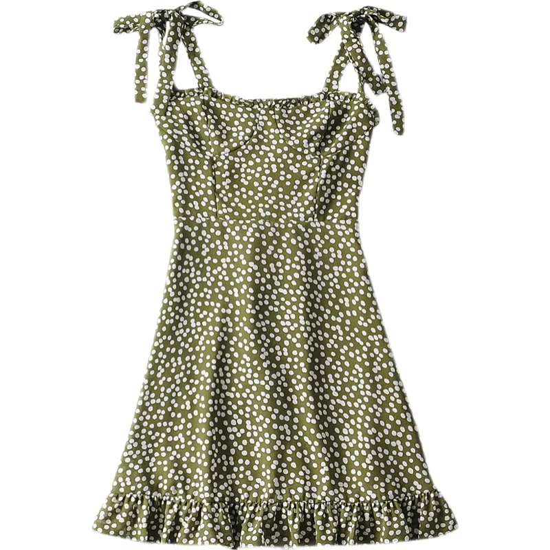 

French Style Retro Romantic Polka Dot Print Knotted Suspender Dress Women's Summer Slim Fit Dress with Wooden Ears Short Skirt